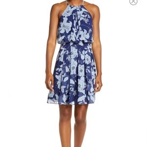 Blue floral chiffon cocktail dress
